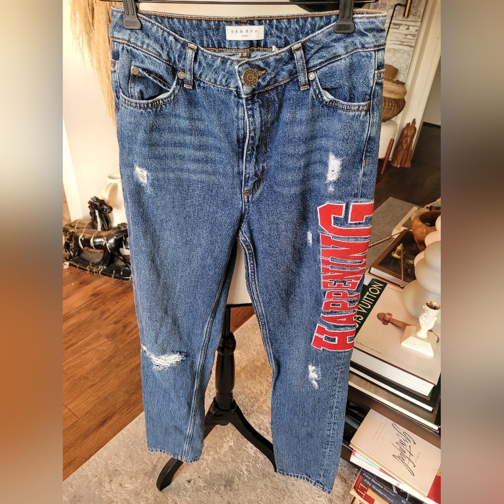 Sandro Blue Straight Jeans with Red Lettering